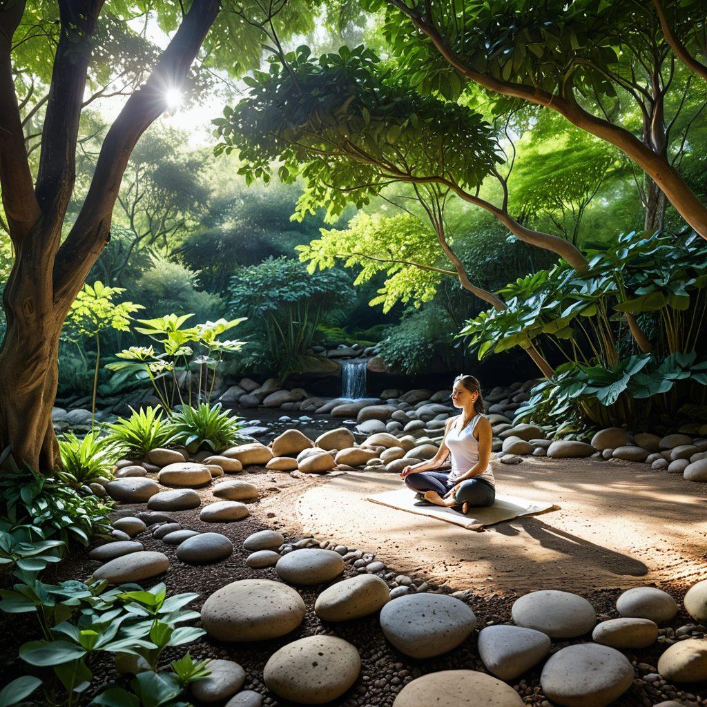 A serene scene depicting a peaceful outdoor meditation space surrounded by lush greenery, reflecting a tranquil lifestyle. Include a person meditating in lotus position, soft sunlight filtering through trees, and a small stream with smooth stones nearby. Thoughtful quotes about mindfulness are subtly integrated into the landscape. super-realistic. vibrant colors. peaceful atmosphere.