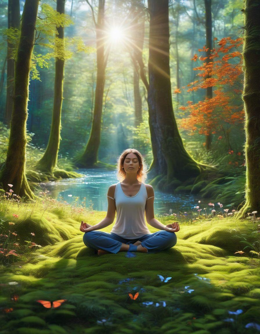 A serene scene of a person meditating in a sun-drenched forest, surrounded by vibrant butterflies symbolizing emotional awareness, with a soft glow around their heart area representing emotional intelligence. In the background, gentle streams of water flow, reflecting the journey of personal growth. Include uplifting elements like blooming flowers and a clear blue sky. vibrant colors. nature-inspired. super-realistic.